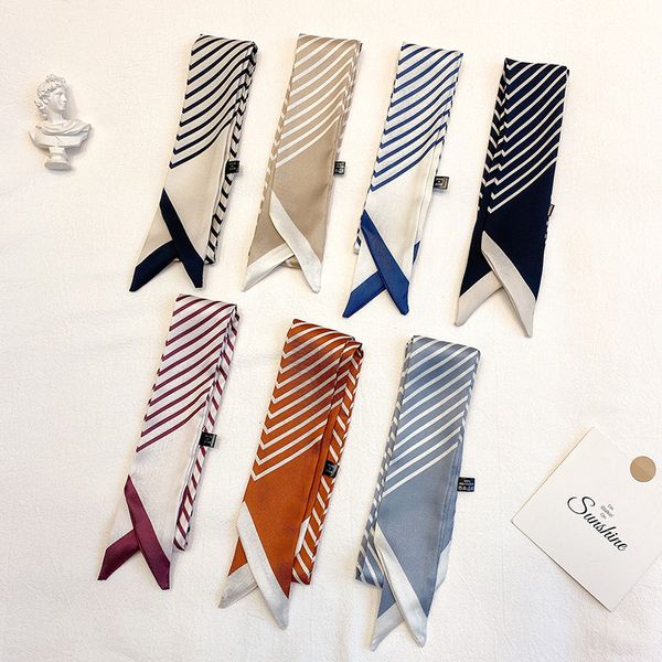 

scarves lady stripe print silk handbag ribbon fashion headscarf neckerchief narrow long scarf 5*90cm, Blue;gray