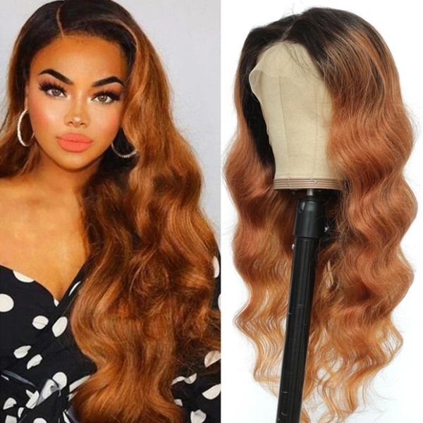 

lace wigs ombre brown body wave front human hair soku brazilian remy preplucked 13x4/4x4 closure wig for black women, Black;brown