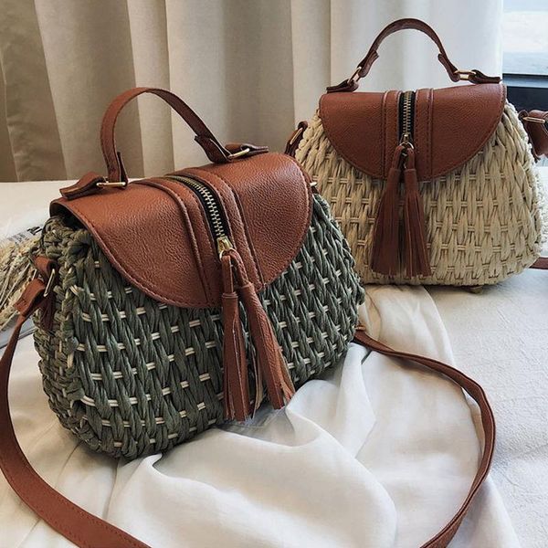 

saddle vintage tassel rattan women shouder crossbody bags designer wikcer woven handbags casual ladies summer beach straw purses cross body