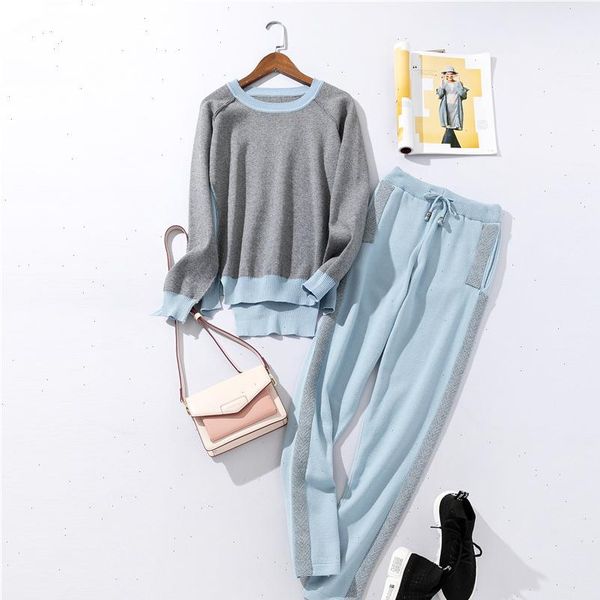 

irregular hit color knitted sweater womens tracksuits pants set casual tracksuit outfits, Gray