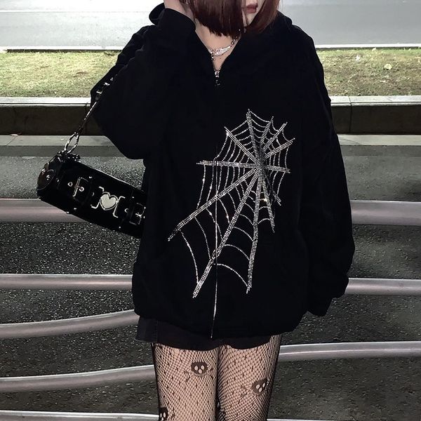 

hoodies t shirt 2021 gothic punk cobweb hooded fairy dark gymnastics jacket harajuku coat zipper sweatshirt, Black