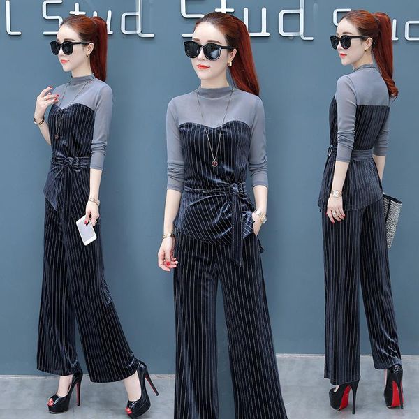 

women's two piece pants fashion wide-leg suit female 2021 autumn striped long-sleeved shirt + two-piece sets, White