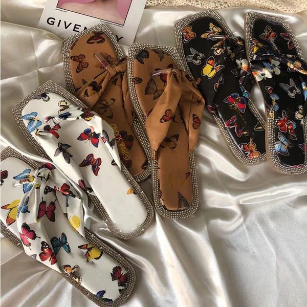 

summer women flat slippers square toe crystal beach shoes butterfly print flip flop slides female casual canvas slippers 2021, Black
