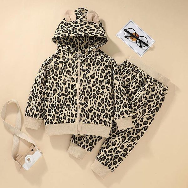 

girl's long sleeve ears decor leopard zipper closure hoodie cardigan+full length pants 2pcs clothing sets tracksuits, White