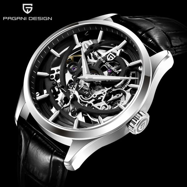 

hollow automatic mechanical watch men classic skeleton waterproof leather watches reloj hombre wristwatches, Slivery;brown