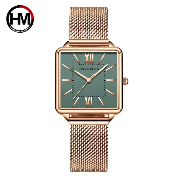 

japan quartz movement green dial roman square watches case stanless steel fashion wristwatch ladies rose gold watches for women