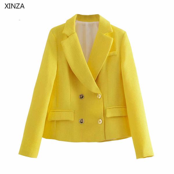 

women's wool & blends women yellow cropped textured blazer long sleeve double breasted office lady blazers coat woman vintage out, Black