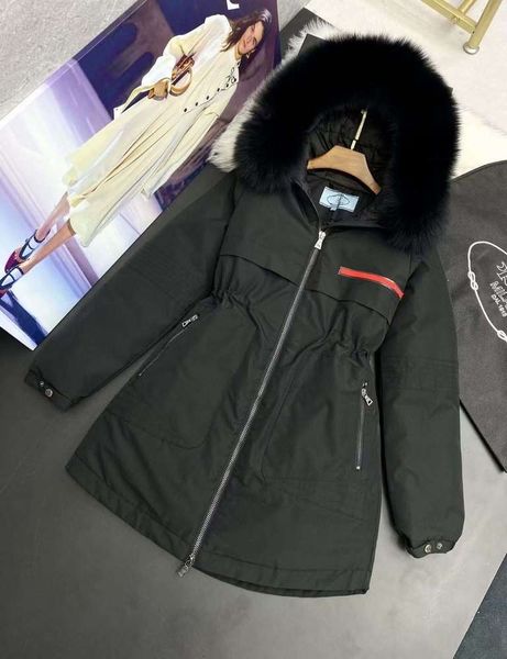 

designer down jacket prad autumn and winter new style budge 90% white goose with big silver fox fur, Black