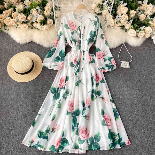 

spring autumn bohemian floral party long dress female o-neck puff sleeve elegant printed maxi vestidos fashion 210426, Black;gray