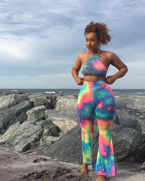 

tie dye print 2021 summer beach two piece set women halter crop and flared pants sets clubwear outfits women's tracksuits, Gray