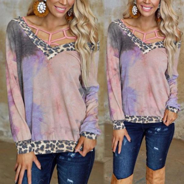 

women's v-neck tie-dye printed leopard stitching long-sleeved sweatershirts pullovers hoodies & sweatshirts, Black
