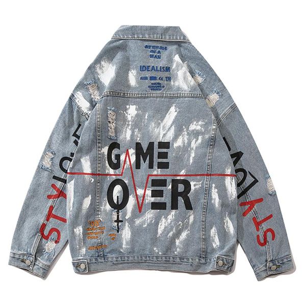 

men's jackets hip hop letter print ripped graffiti denim men vintage spray paint streetwear button jacket coats outwear, Black;brown