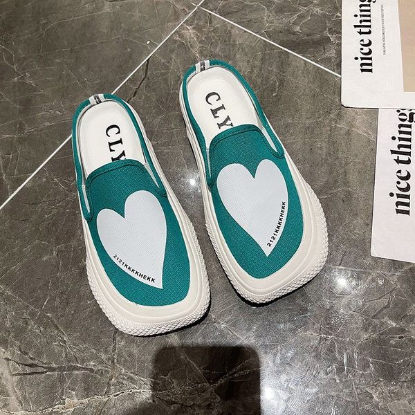 

summer casual loafers women heart print canvas half slippers women slip on breathable women platform loafers zapatillas de lona, Black
