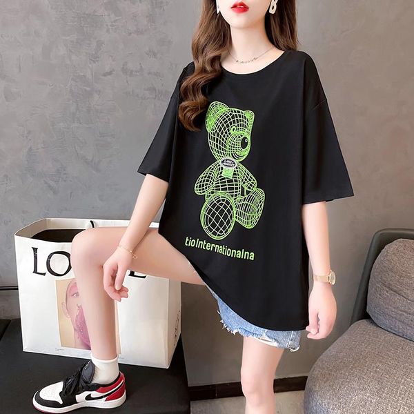 

summer short-sleeved cartoon printed t-shirt women's round neck mid-length large size women, White