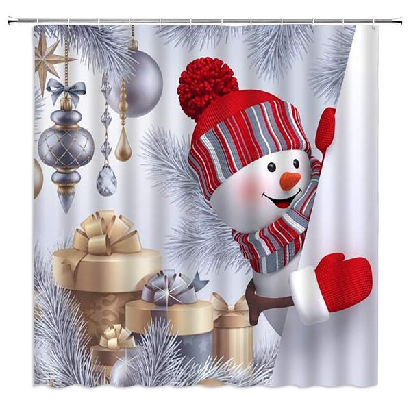 

christmas shower curtain funny snowman silver pine branch xmas ball winter holiday red fabric bath curtains bathroom accessories