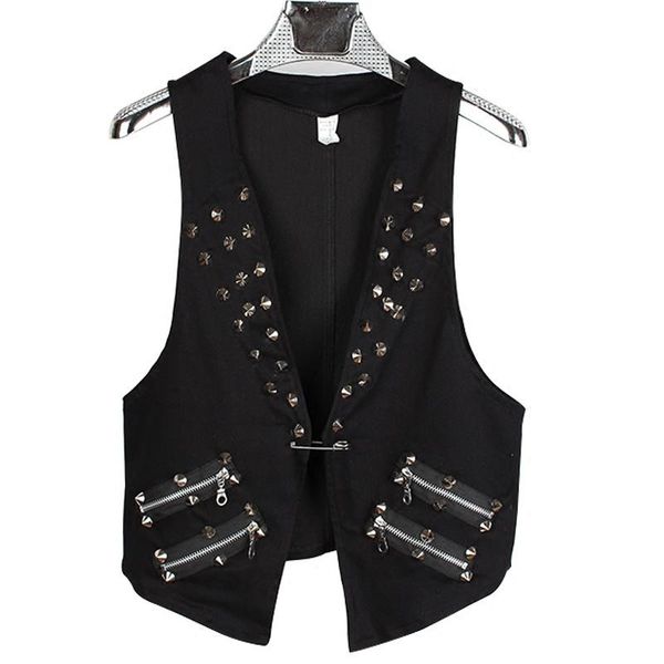 

men's vests mens bar singer dress rocker punk zipper rivets black waistcoat studs vest a469, Black;white