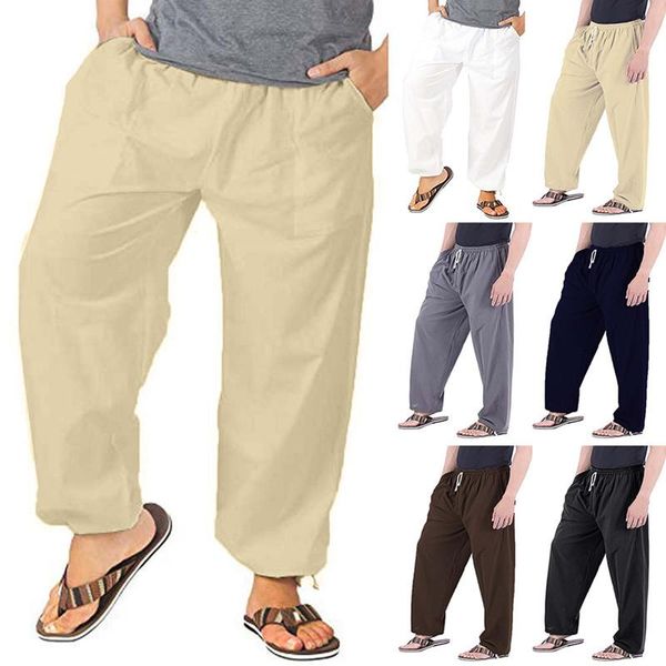 

men's pants men drawstring elastic waist loose casual work long trousers bottoms, Black