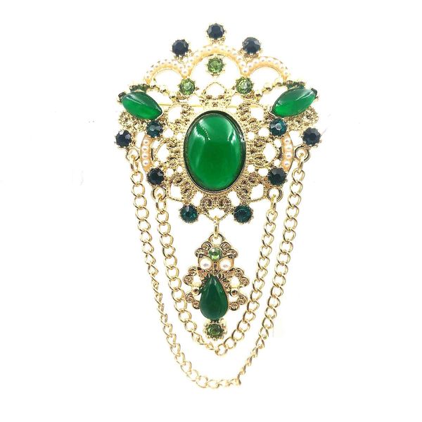 Старинный Goldtone Scroll Colled Double Chain Pear Fore Form Drop Green Badge Броши и булавки костюм платье платье