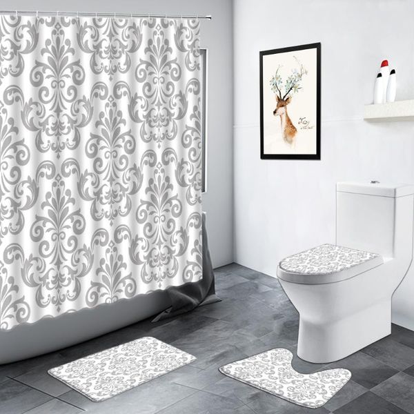 

shower curtains baroque damask floral bath mats set gray white flowers creative bathroom decor carpet toilet cover non-slip rug