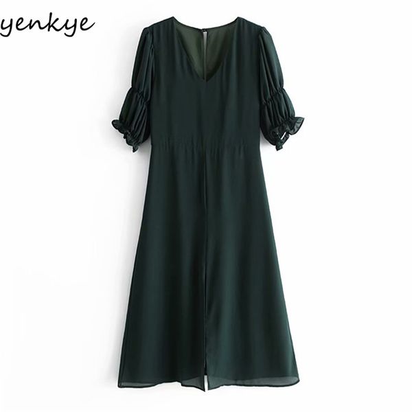 

chiffon summer dress women hem slits vintage dark green vestido female short sleeve v neck high waist a-line 210514, Black;gray