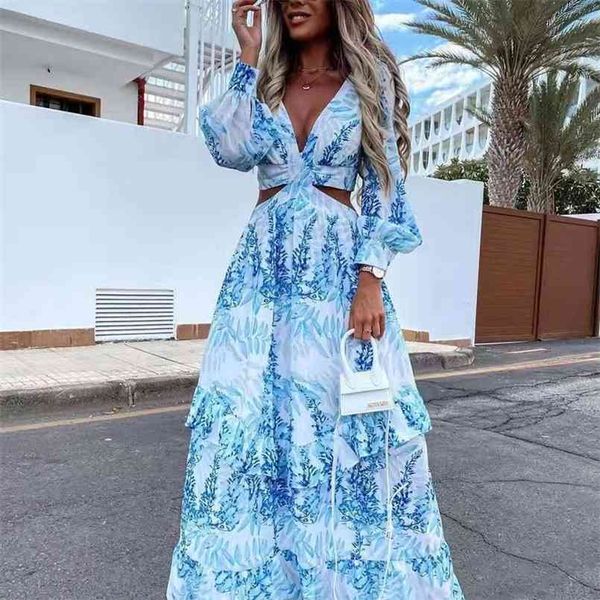 Strand Langes Kleid Sexy Hollow Out Boho Deep V Neck Sommer Damen Kleid Print Rüschen Party Langarm Maxi Kleider Designer 210826