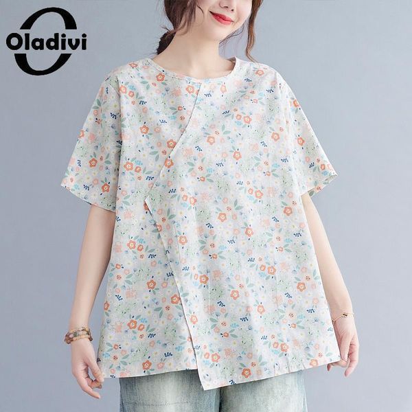 

women's blouses & shirts oladivi oversized clothing fashion floral print casual loose cotton 2021 summer thin cool ladies basic 90522, White