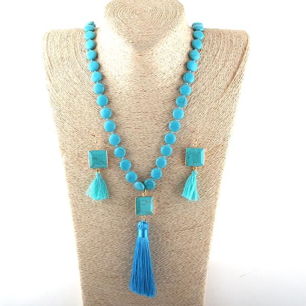 

earrings & necklace moodpc fashion jewelry set blue flat stone rosary chain link tassel earring, Silver