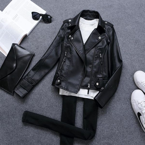 

women's leather & faux 2021 black jacket women spring autumn short soft pu jackets female zipper moto biker coat