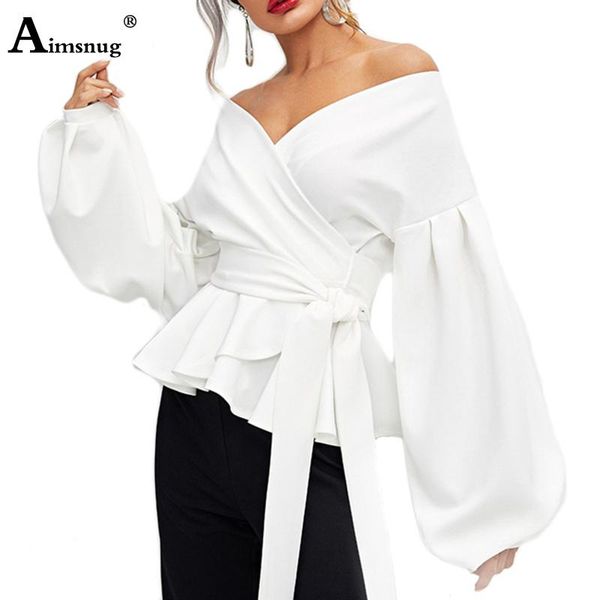 

women's blouses & shirts aimsnug solid white fairy shirt long sleeve lantern slim fit bandage bow slash neck ruffle 2021 autumn women