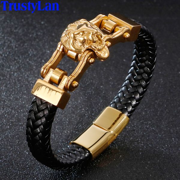 

hip hop lion head mens bracelets & bangles braided genuine leather bracelet men gold stainless steel biker chain male jewelry y1218, Black