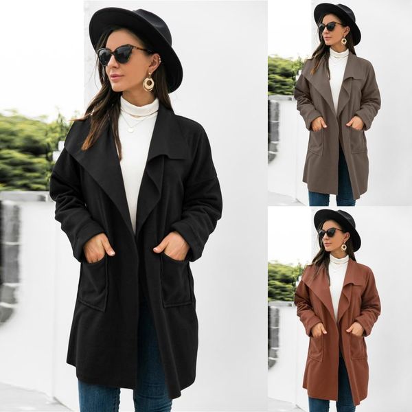 

women's wool & blends long trench coats autumn winter solid sleeve loose causal windbreaker lightweight cardigan overcoats outwear casa, Black