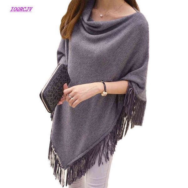 

bat shirt tassel pullovers plus size women knitted sweater 2021spring poncho coat solid jumper irregular hem cape cloak pull w97 h1123, Blue;gray