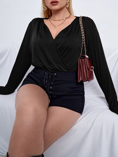 

plus solid surplice neck bodysuit h6wq#, Black