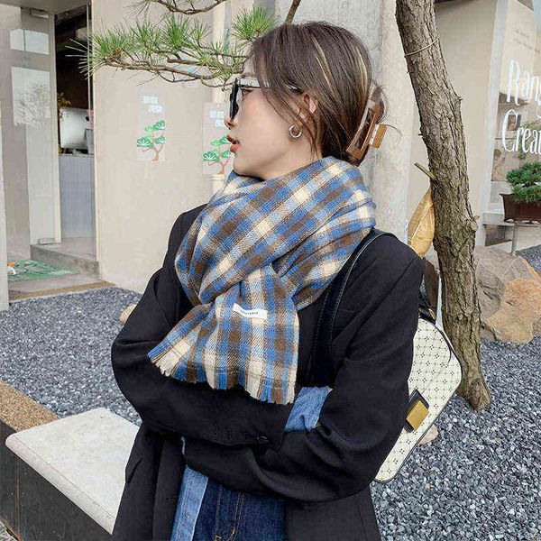 

scarves plaid scarf women's 2022 autumn winter japane korean sweet imitation cashmere warm medium and long scarf shawl, Blue;gray