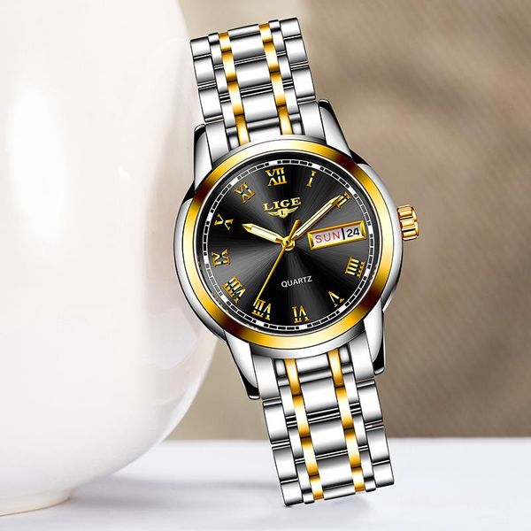 

wristwatches lige women watches fashion watch ladies quartz clock gold wrist 2021 gift for, Slivery;brown