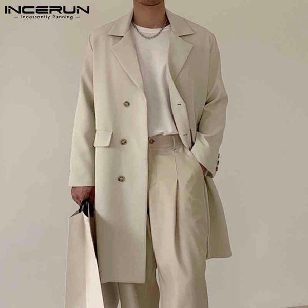 

fashion double lapel trench long sve plain street 2021 casual men's windbreaker long incerun, Tan;black