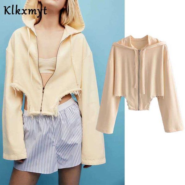 

klkxmyt za women fashion asymmetry with zipper hooded knitted sweatshirt vintage long sleeve female pullovers chic 210527, Black