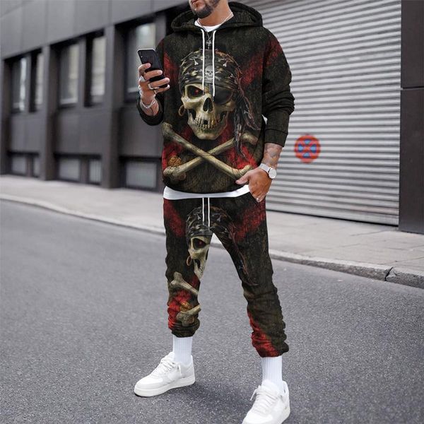 

men's tracksuits skull 3d print fashion hip hop hoodie + pants 2-piece set punk gothic suit 2021 spring autumn clothing oversized, Gray