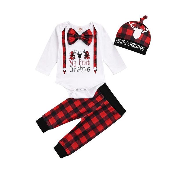

clothing sets christmas 3pcs baby clothes girls boys print long sleeve romper and plaid trousers with hat outfits 2021, White
