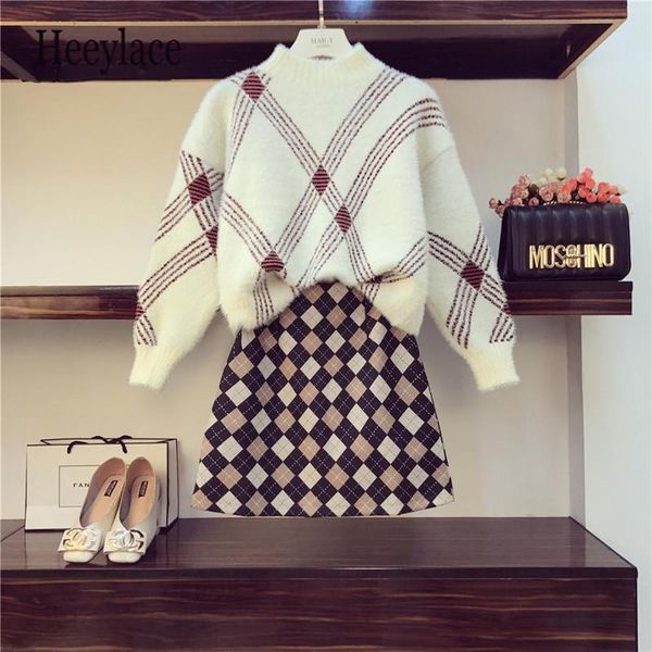 

two piece dress knitted fashion o-neck long sleeve women loose sweaters +plaid high waist mini skirts sweet autumn winter 2 pieces sets, White