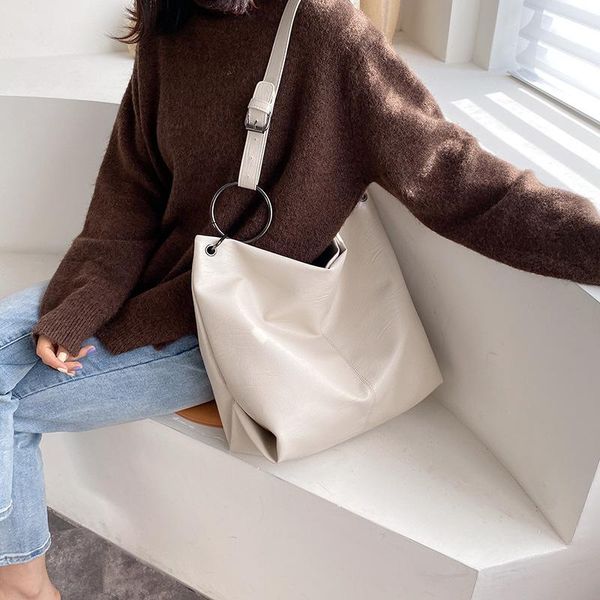 

women's hand bags 2021 luxury designer handbag vintage pu solid color large bucket totes bag messenger shoulder for women
