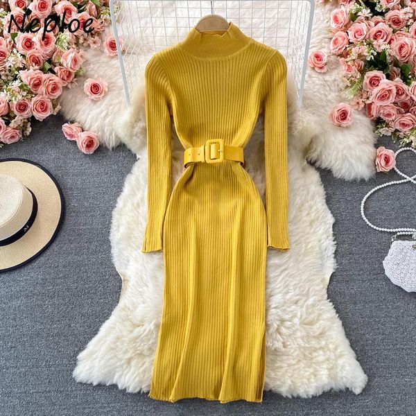 

casual dresses neploe autumn winter turtleneck bodycon knitted female dress long sleeve bottoming knit vestidos mujer solid elastic slim rob, Black;gray