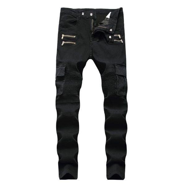 

men's jeans trade locomotive pants black tide elastic small feet wrinkle, Blue