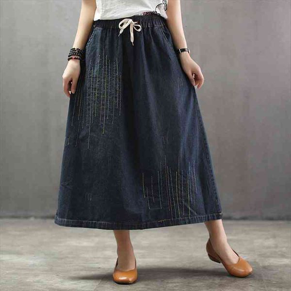 

korean casual strip denim skirts women elastic high waist elegant long maxi femme plus size jeans skirts ropa de mujer, Black