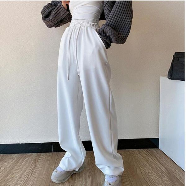 

girl high waist straight drawstring casual sports pants autumn winter loose skinny mopping trousers jev2 women's & capris, Black;white