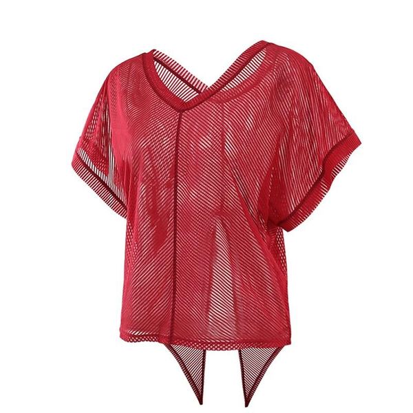 

yoga outfits relaxed shadow stripe mesh shirt split back fitness tee gym women transparent workout sports t-shirt plus size, White;red