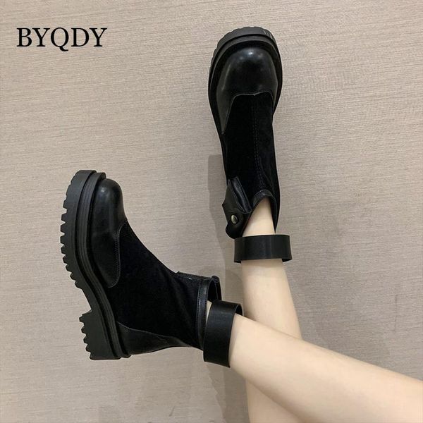 

boots byqdy fashion buckle women platform heels spring autumn lady cool ankle round toe female motorcycle wholesale, Black