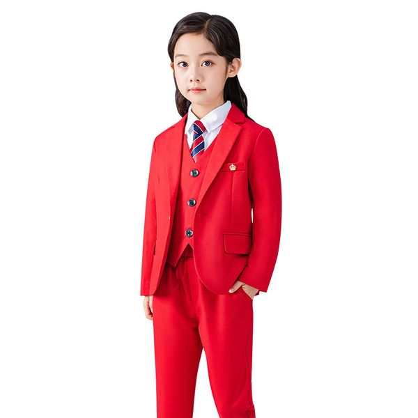 

girls red formal suit set childrens princess wedding show host costume kids blazer vest shirts pants tie clothing sets, Black