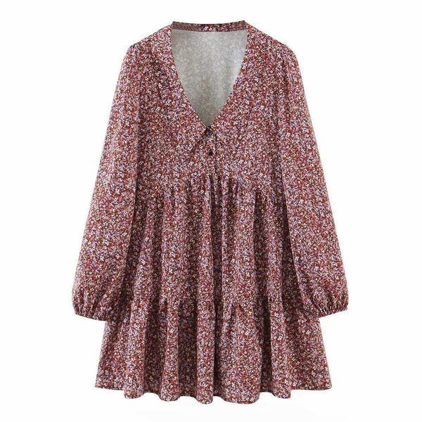

casual dresses 3482 autumn european and american women's lapel floral loose long sleeve factory direct wholesale tkuh, Black;gray