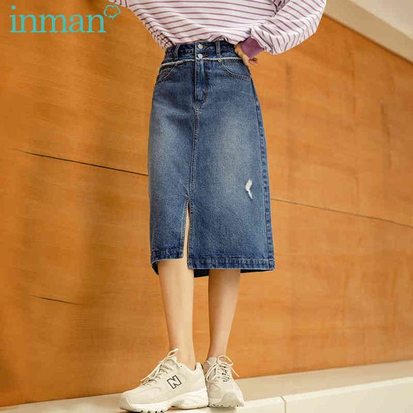 

skirt autumn winter classic high waist washed and worn over knee denim bifurcated skirt j44q, Black